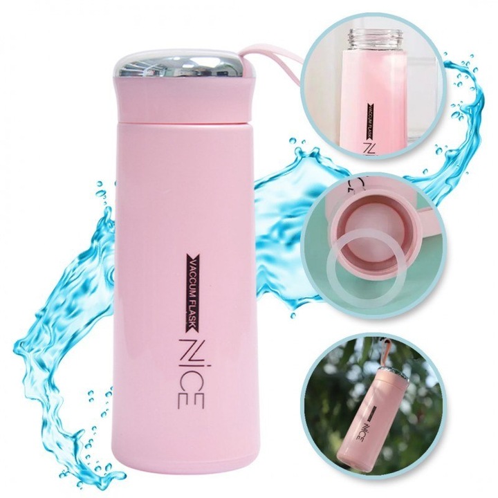 Бутилка за вода ECARLA, 400мл, стъкло/пластмаса, 17.5х6.5см, с дръжка, розова