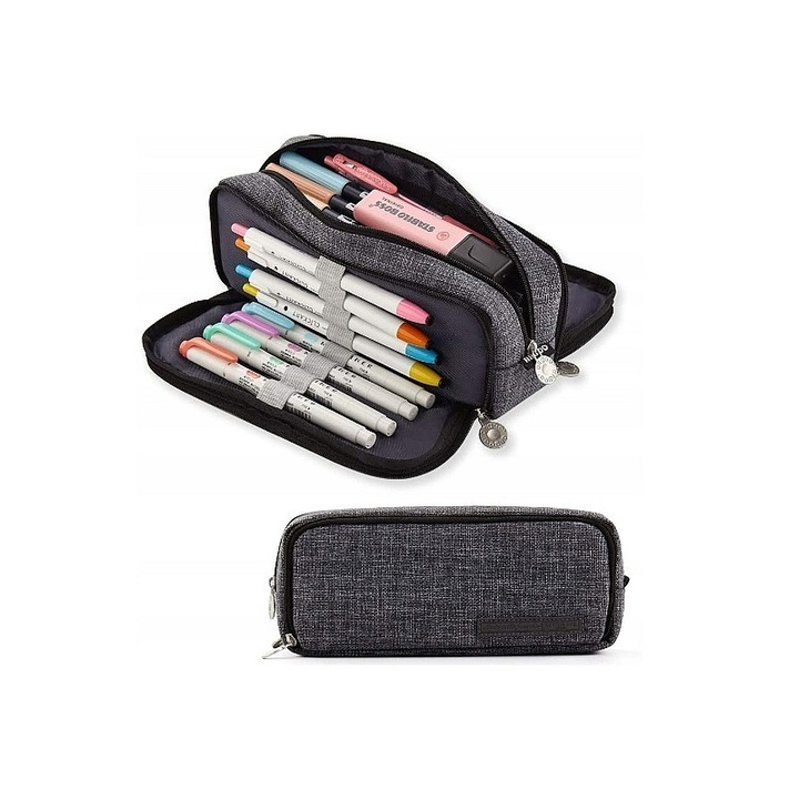 ECARLA többfunkciós tolltartó, poliészter, 3 rekeszes, szürke, 23 x 8.5 x 6 cm