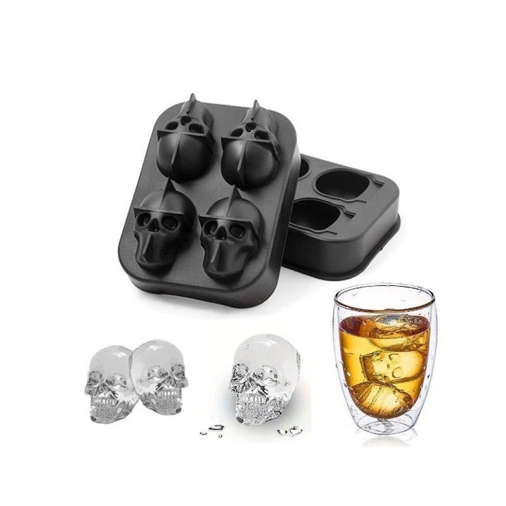 Forma cuburi de gheata, ECARLA, 4 forme, silicon, negru, 11,3x8x4,5cm