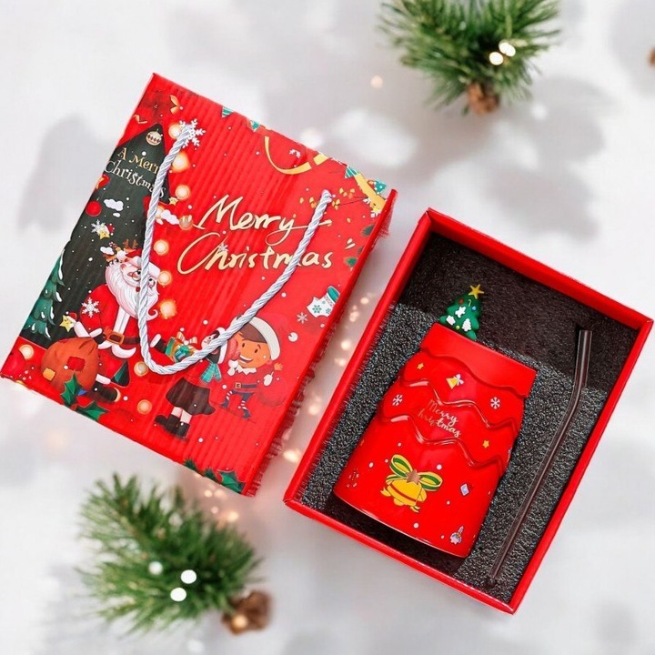 Cana ceramica cu capac si pai, ECARLA, motiv festiv, 400ml, 11.5x6.3cm, rosie