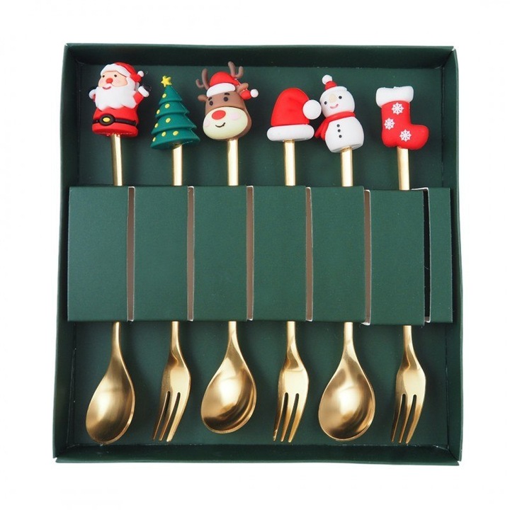 Set 6 linguri si furculite cu figurine festive, ECARLA, aurii, 16,8x2,8cm