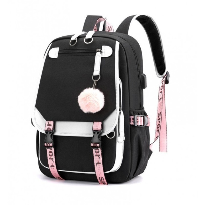 Iskolatáska ECARLA, USB, 46x29x16cm, vízálló, fekete/rózsaszín