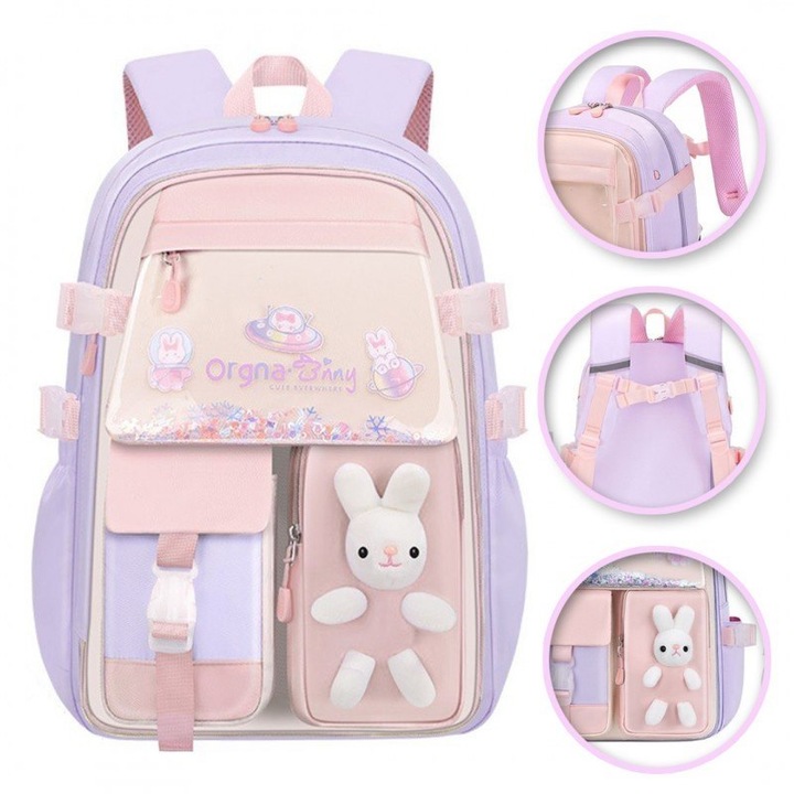 Ученическа раница ECARLA RABBIT, 35L, водоустойчива, 45x32x17cm, розова, с талисмани