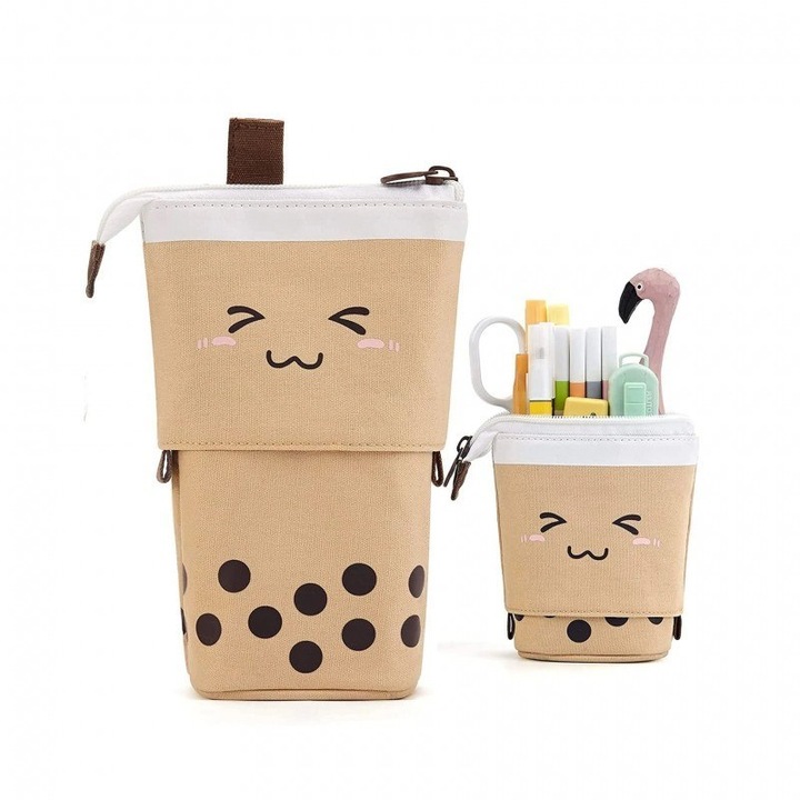 Tollatartó, ECARLA, Poliészter, Boba tea design, 12 x 17.5 cm, Krém / Barna