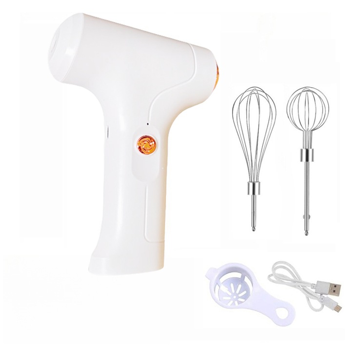 Комплект 5 в 1 безжичен ръчен миксер, със сепаратор за жълтъци, 20W, 3 скорости, с USB зареждане, бял