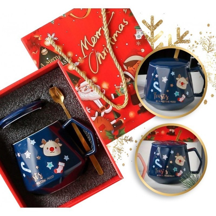 Cana ceramica cu capac si lingurita, ECARLA, 440ml, rosie, set