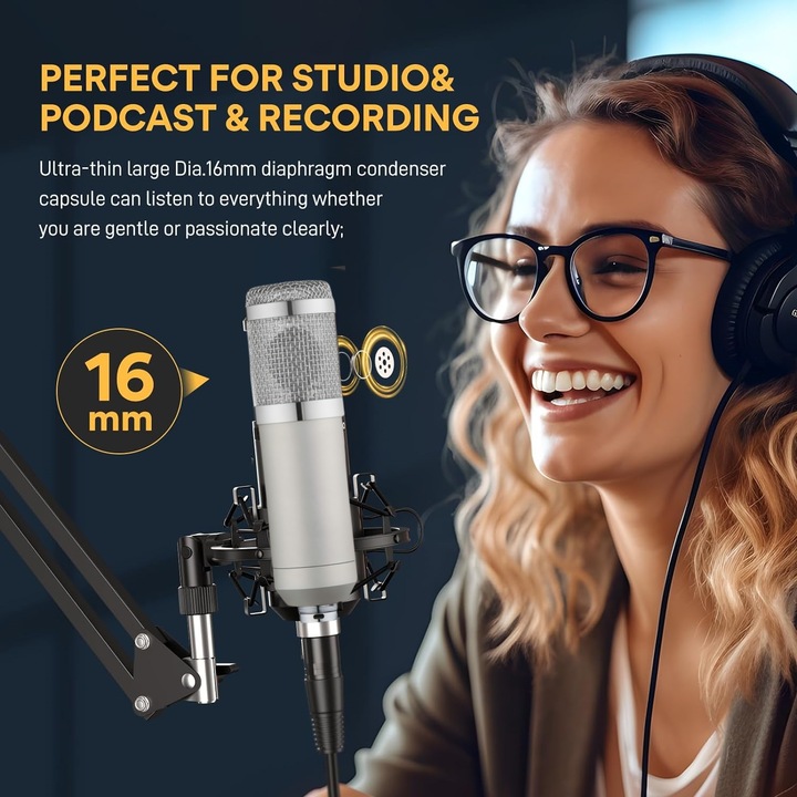 Set microfon condensator profesional, RorAem, Microfon Profesional stand cu stativ, 30Hz-20KHz, functie reducere zgomot, Cardioid, Este utilizat in aplicatii precum cantatul in retea, chatul vocal, gazduirea retea, inregistrarea personala muzicii etc