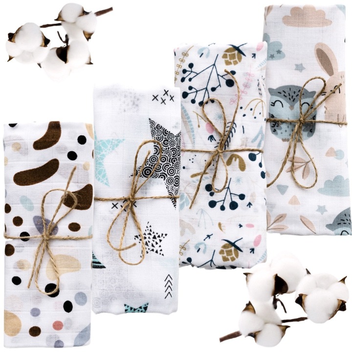 Set 4 Scutece din Muselina, Bumbac Premium, 80x70cm, Prietenoase Cu Pielea Delicata, Multifunctionalitate, Absorbtie Incredibila, Model DELIGHTED BUNNY