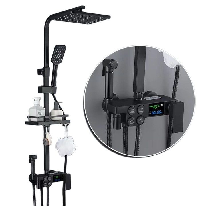 RorAem zuhanyoszlop, modern design, sárgaréz csaptelep, matt fekete, LCD kijelzővel, 4 funkció