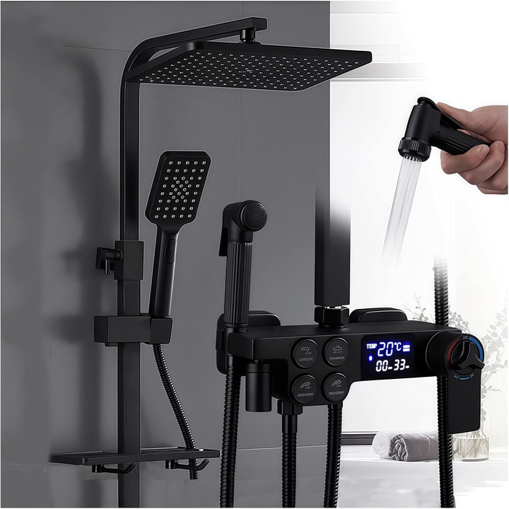 Coloana de Dus, RorAem, Coloana de Dus Smart cu Afisaj LED, Temperatura constanta 38°, 4 tipuri de jeturi de apa, functii multiple, Fara Conectare Retea Electrica, Butoane Piano, Rotatie 360°, cadou：Suport de raft