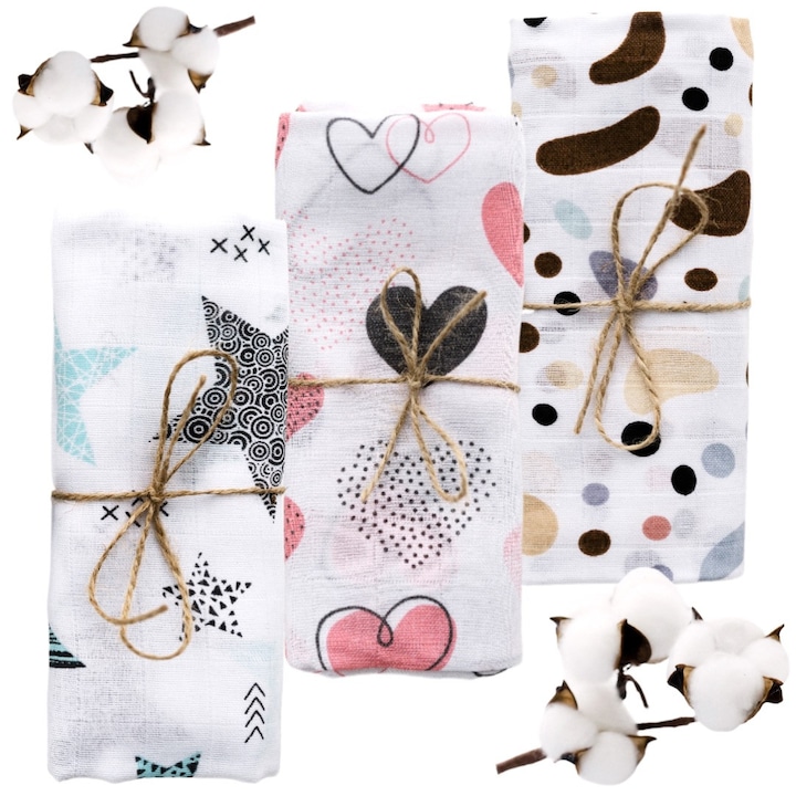 Set 3 Scutece din Muselina, Bumbac Premium, 80x70cm, Prietenoase Cu Pielea Delicata, Multifunctionalitate, Absorbtie Incredibila, Model SEA MEMORY