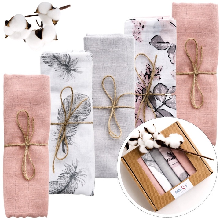 Set 5 Museline Moi Pentru Regurgitari, Bumbac Premium, 39x39cm, Ambalate Intr-o Cutie Cadou, Prietenoase Cu Pielea Delicata, Multifunctionalitate, Absorbtie Incredibila, Model SWEET GROVE