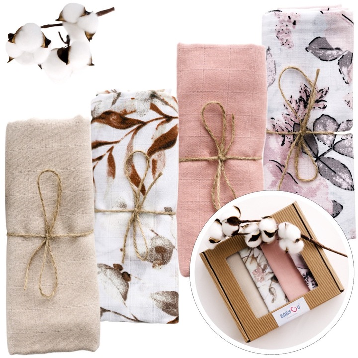 Set 4 Scutece din Muselina, Bumbac Premium, 80x70cm, Ambalate Intr-o Cutie Cadou, Prietenoase Cu Pielea Delicata, Multifunctionalitate, Absorbtie Incredibila, Model SPRING ISLAND