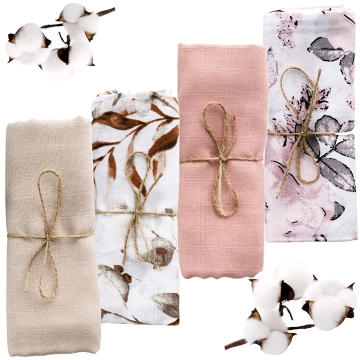 Set 4 Scutece din Muselina, Bumbac Premium, 80x70cm, Prietenoase Cu Pielea Delicata, Multifunctionalitate, Absorbtie Incredibila, Model SPRING ISLAND