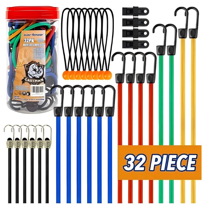 Set 32 Funii elastica, Excitat®, din cauciuc/metal, cu carlig, pentru prelate, Multicolor