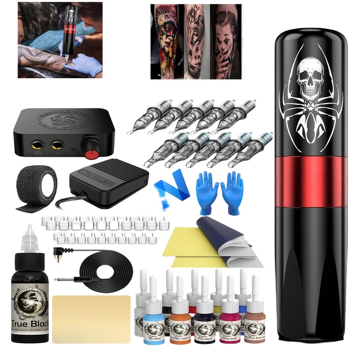 Set de masina de tatuat, RorAem, Set masina de tatuat fara fir, viteza 8000 RPM, cu 1 pen rotativ+10 ace+40 cupe cerneala+10 cerneala +1 pereche manusi, porneste in 3 secunde, Portabil, functioneaza mult timp, Potrivit pentru incepatori, profesional，ROSU