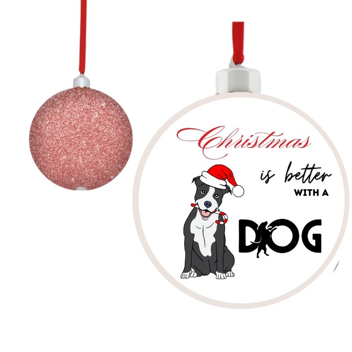 Glob personalizat Christmas with a dog cu sclipici interior roz, 10 cm