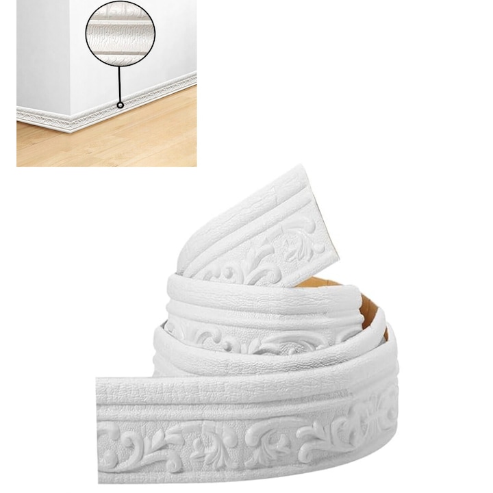 Banda/plinta de perete decorativa, Zola, pefecta ca plinta sau banda decorativa, din spuma, lungime 230 cm, alb