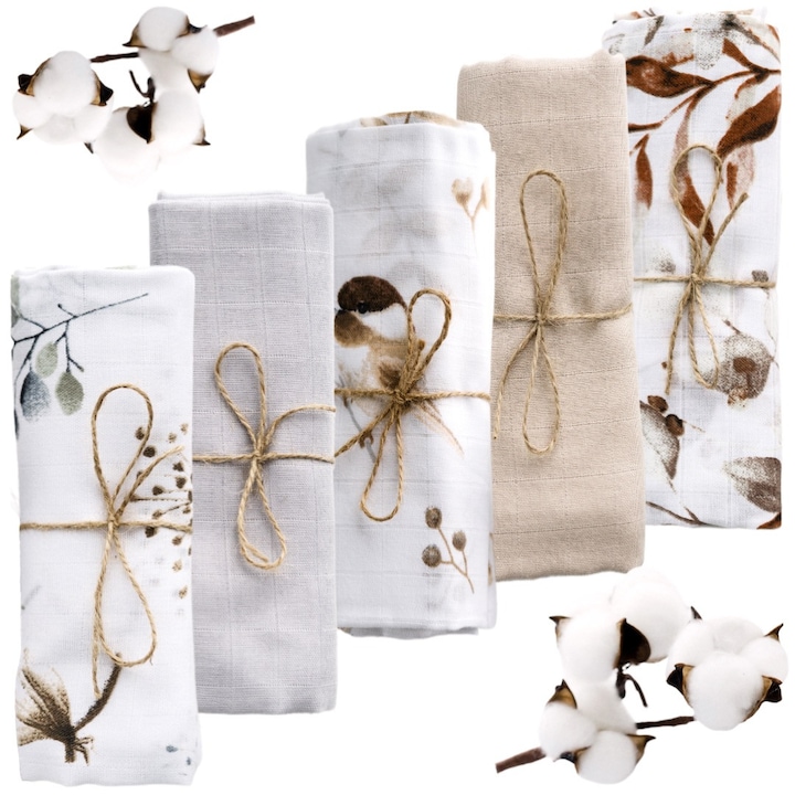 Set 5 Museline Moi Pentru Regurgitari, Bumbac Premium, 39x39cm, Prietenoase Cu Pielea Delicata, Multifunctionalitate, Absorbtie Incredibila, Model COUNTRY DAY