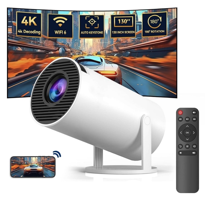 Смарт преносим видео проектор HY300, with WiFi 6 and Bluetooth 5.0, built-in HiFi speakers, DMI connection, 4K Full HD 1080P Portable projector support 180° rotation, Auto Keystone, Android 11, 8G