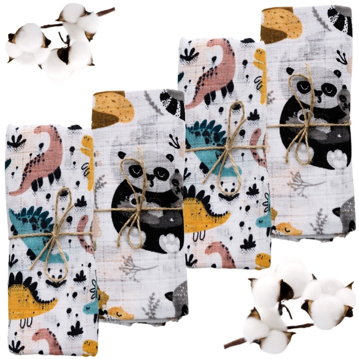 Set 4 Scutece din Bumbac Premium, 80x70cm, Prietenoase Cu Pielea Delicata, Multifunctionalitate, Absorbtie Incredibila, Model COLORFUL DINO