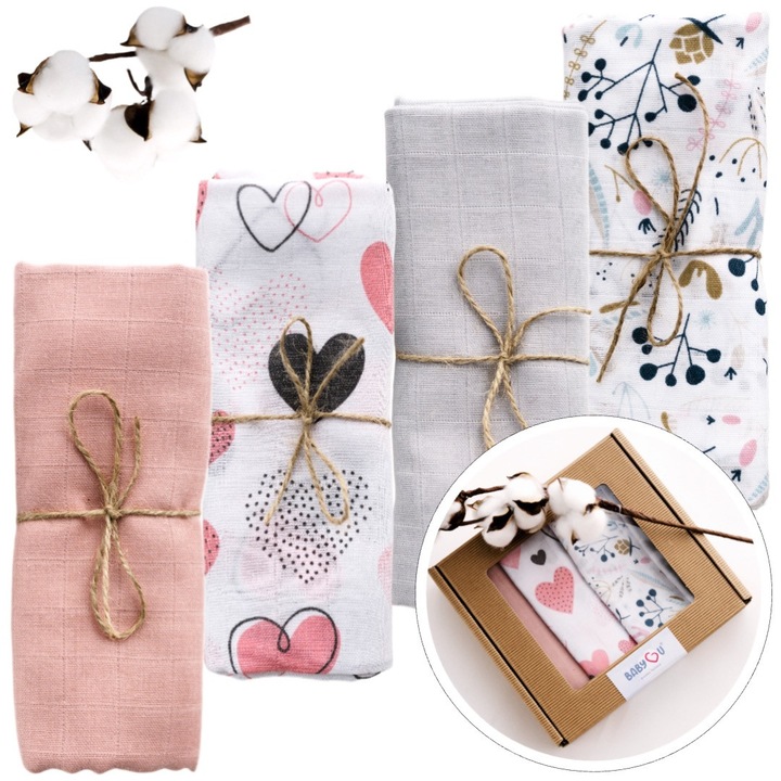 Set 4 Scutece din Muselina, Bumbac Premium, 80x70cm, Ambalate Intr-o Cutie Cadou, Prietenoase Cu Pielea Delicata, Multifunctionalitate, Absorbtie Incredibila, Model LOVE STORY