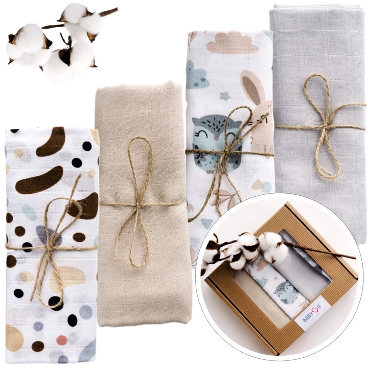 Set 4 Scutece din Muselina, Bumbac Premium, 80x70cm, Ambalate Intr-o Cutie Cadou, Prietenoase Cu Pielea Delicata, Multifunctionalitate, Absorbtie Incredibila, Model MYSTERY LAND