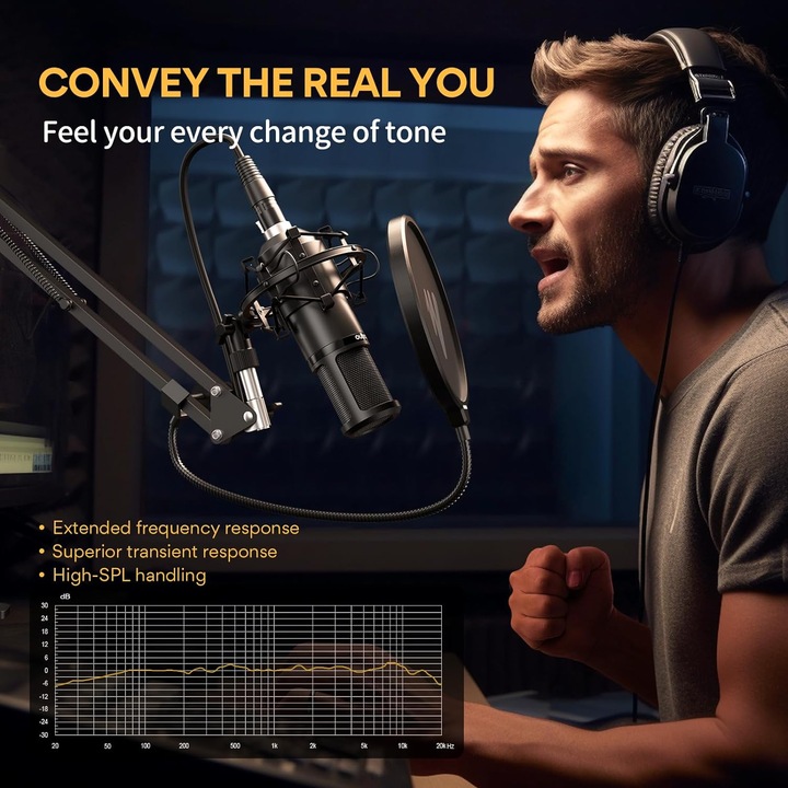 RorAem USB mikrofon, professzionális felvevőkészlet, fekete, állítható állvány