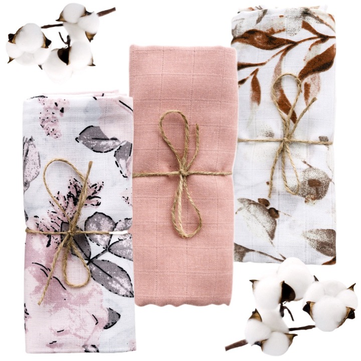 Комплект от 3 Пелени, Памук, Муселин, 80x70см, Приятелски към Деликатната Кожа, Мултифункционални, Невероятна Абсорбция, Модел TENDER SUNRISE