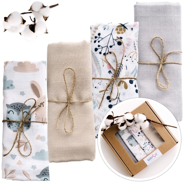 Set 4 Scutece din Muselina, Bumbac Premium, 80x70cm, Ambalate Intr-o Cutie Cadou, Prietenoase Cu Pielea Delicata, Multifunctionalitate, Absorbtie Incredibila, Model HAPPY OWL