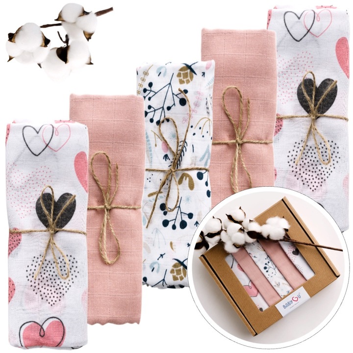 Set 5 Museline Moi Pentru Regurgitari, Bumbac Premium, 39x39cm, Ambalate Intr-o Cutie Cadou, Prietenoase Cu Pielea Delicata, Multifunctionalitate, Absorbtie Incredibila, Model PINK PASSION