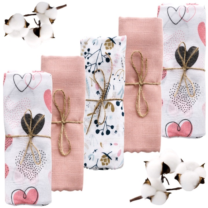 Set 5 Museline Moi Pentru Regurgitari, Bumbac Premium, 39x39cm, Prietenoase Cu Pielea Delicata, Multifunctionalitate, Absorbtie Incredibila, Model PINK PASSION