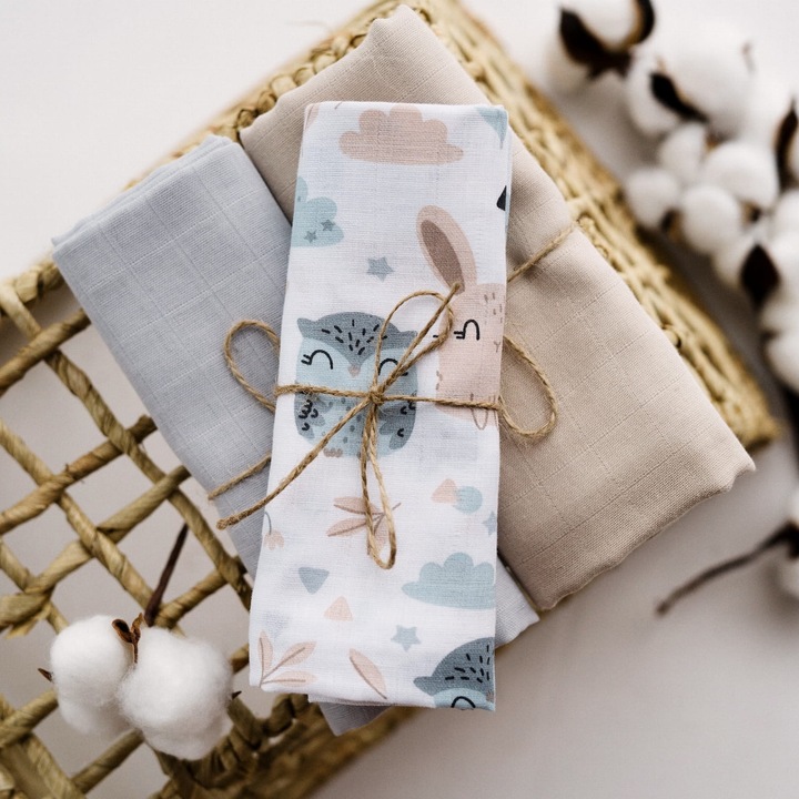 Комплект от 3 Муселинови Пелени, Премиум Памук, 80x70см, Опаковани в Подаръчна Кутия, Мултифункционалност, Невероятна Абсорбция, Модел PASTEL LOVE