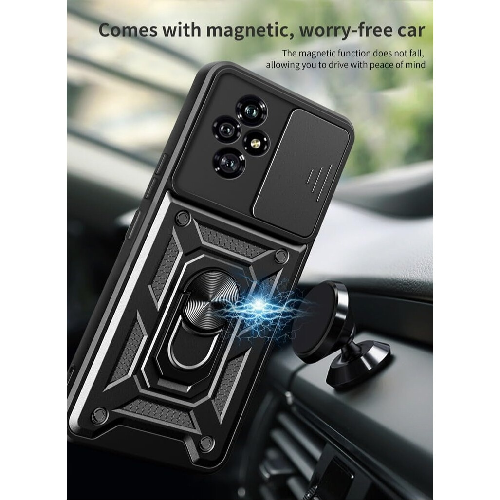 Husa telefon pentru Honor 200 5G Slide Camera Lens Cover, 360 Rotating Kickstand Ring, suport montare magnetica, neagra