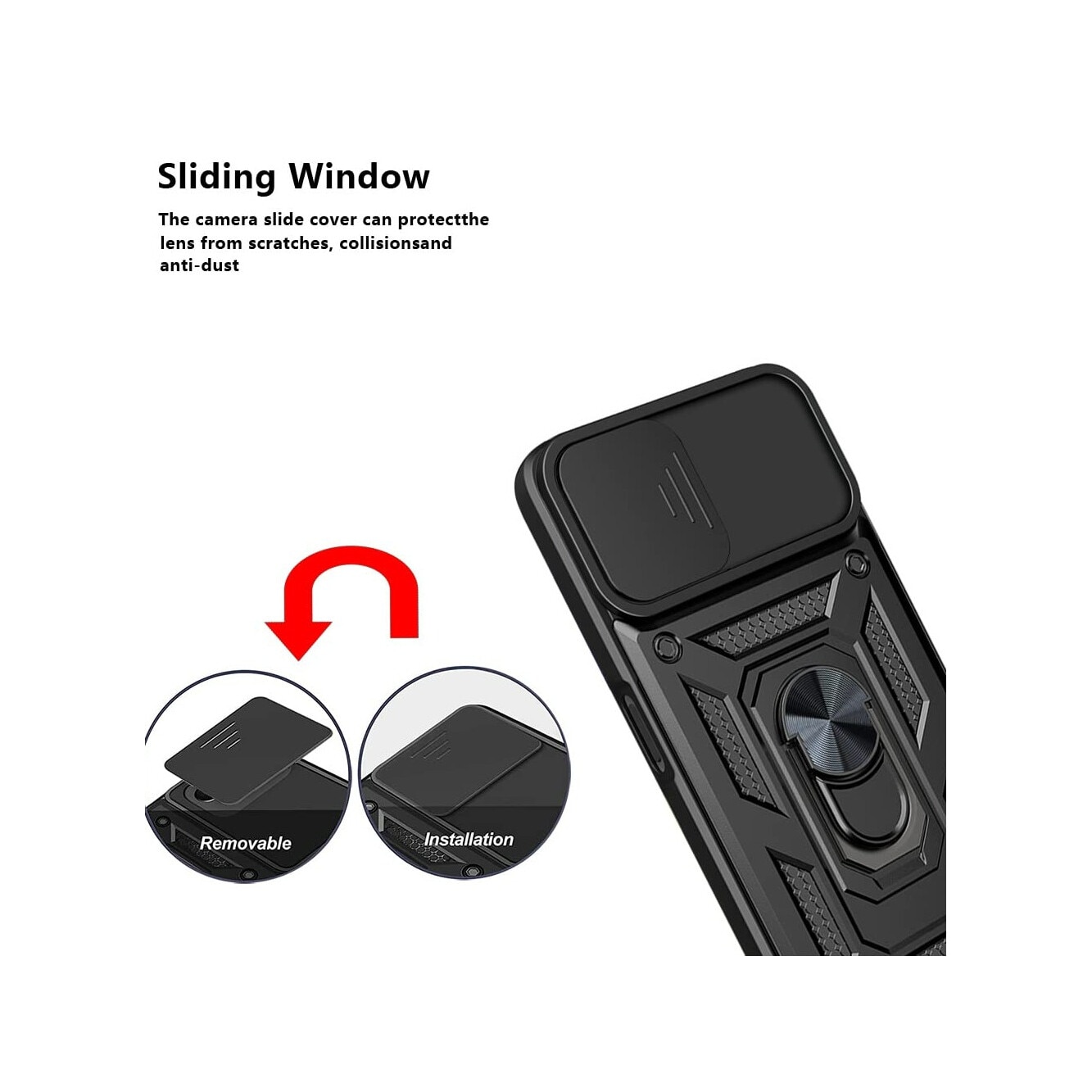 Husa telefon pentru Honor 200 5G Slide Camera Lens Cover, 360 Rotating Kickstand Ring, suport montare magnetica, neagra