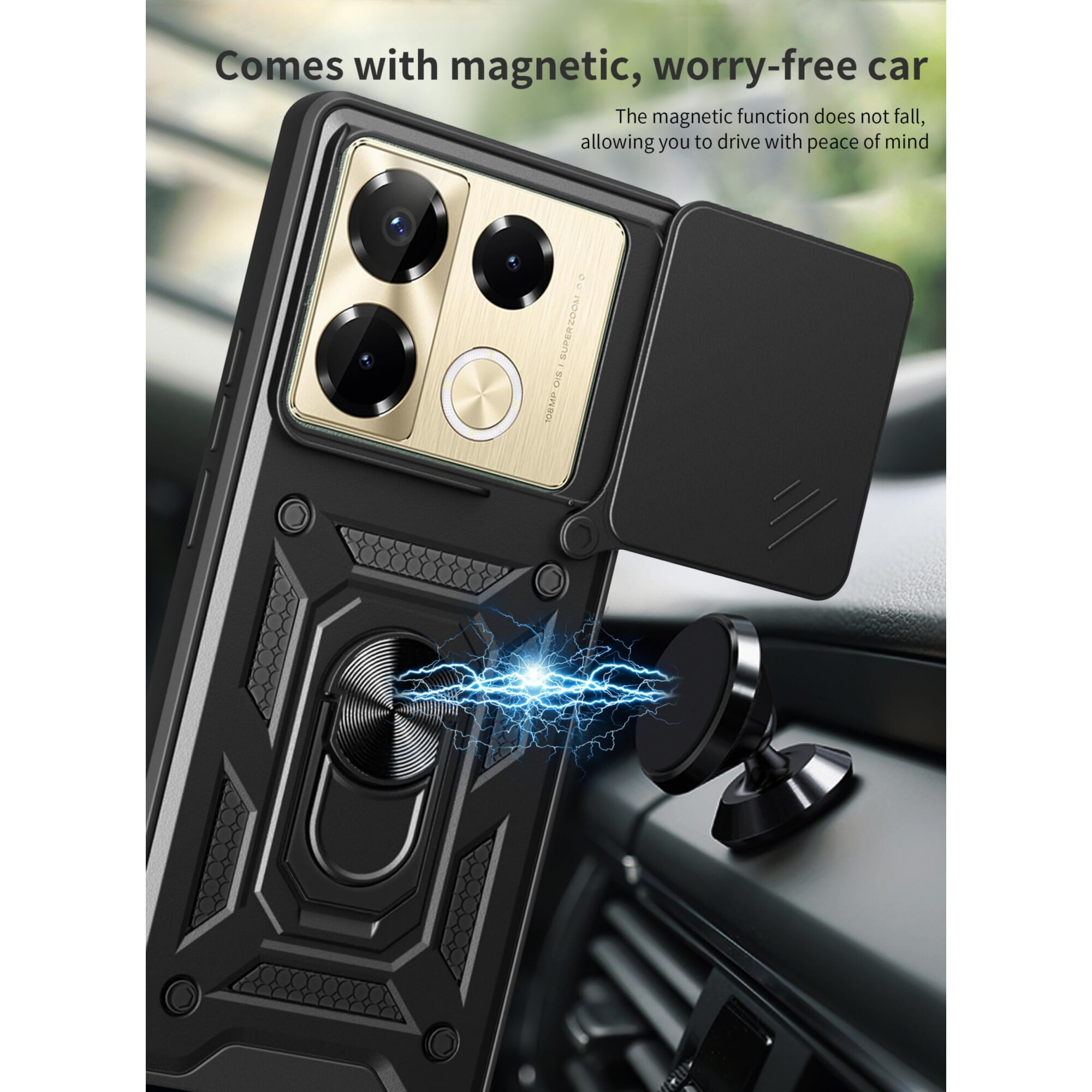 Husa telefon, pentru Infinix Note 40 4G Capac de obiectiv al camerei glisante, inel rotativ 360°, Negru