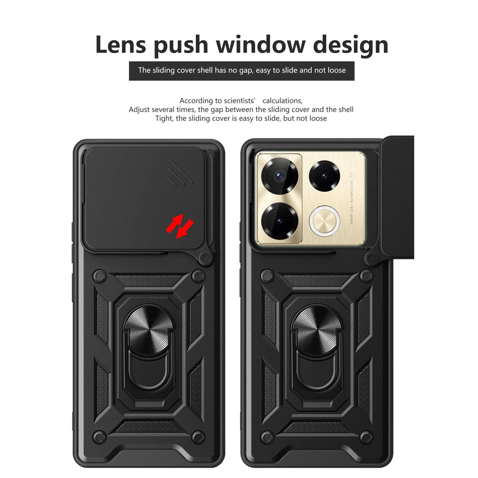 Husa telefon, pentru Infinix Note 40 4G Capac de obiectiv al camerei glisante, inel rotativ 360°, Negru