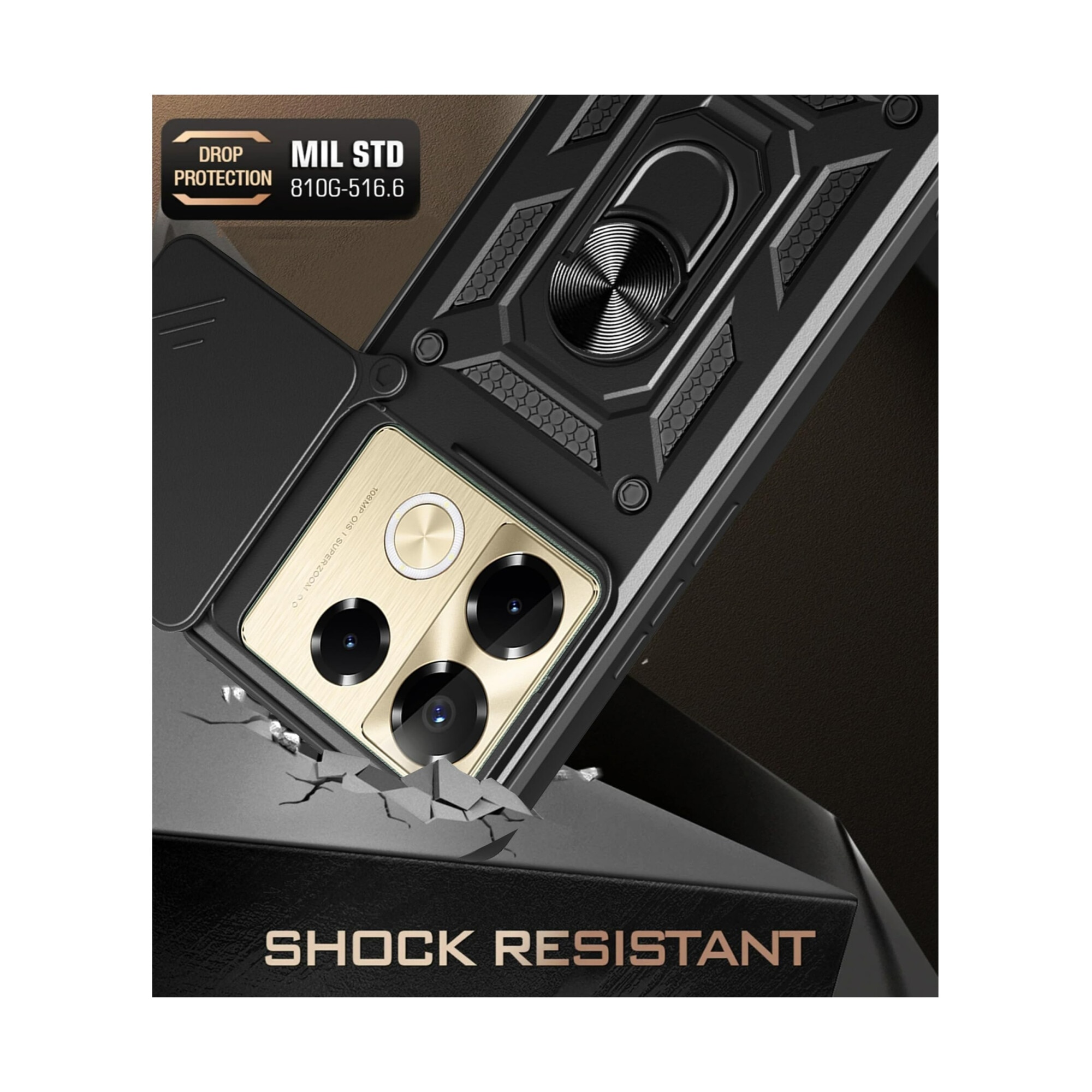 Husa telefon, pentru Infinix Note 40 4G Capac de obiectiv al camerei glisante, inel rotativ 360°, Negru