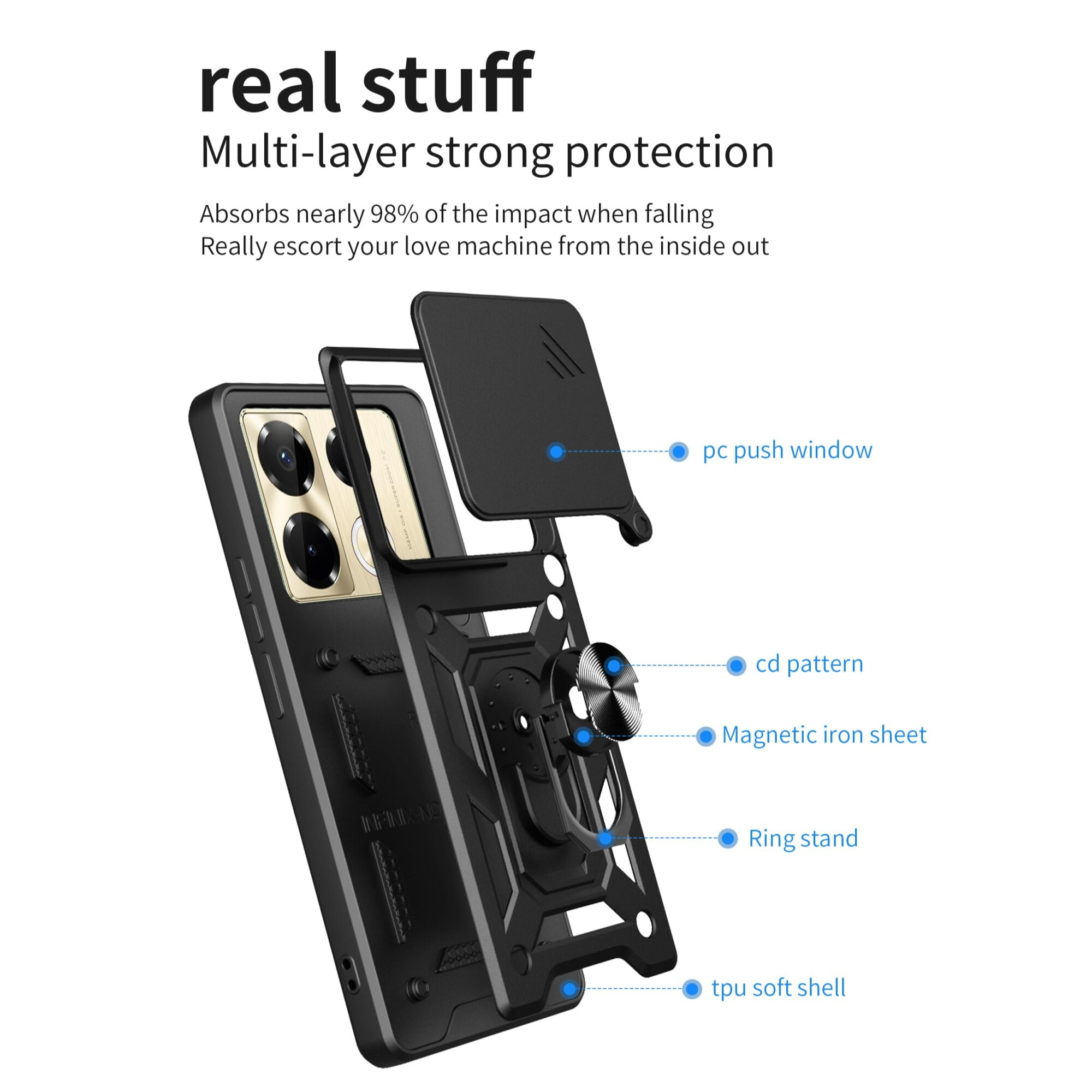 Husa telefon, pentru Infinix Note 40 4G Capac de obiectiv al camerei glisante, inel rotativ 360°, Negru