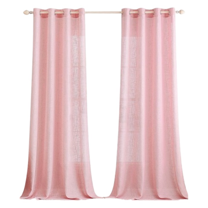 Perdele cu inele, semi transparente, cu in si poliester, perfecte pentru ferestre si usi dormitor/ living, 142 x 243 cm, Set 2 bucati, Roz