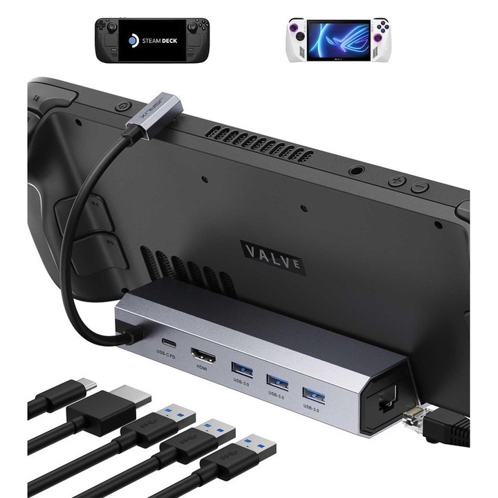 Valve 6 az 1-ben dokkolóállomás, HDMI 4K@60Hz, Gigabit Ethernet, 100 W töltés, kompatibilis a Steam Deck, ROG Ally, Legion Go, MSI Claw
