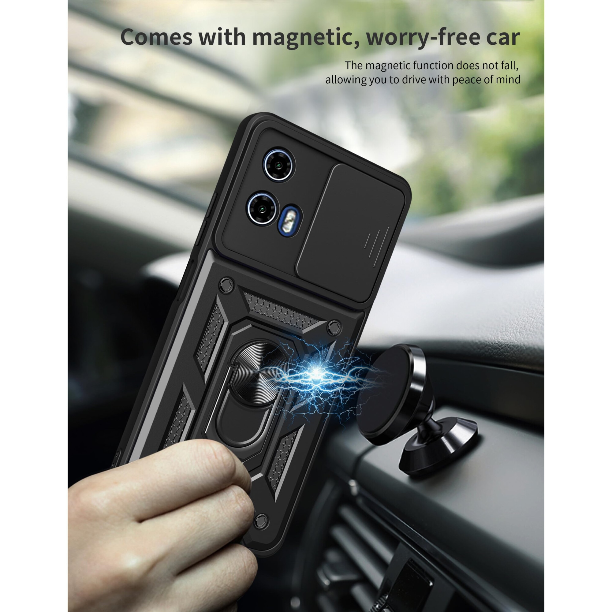 Husa telefon, Slide Camera Lens Cover, 360 Rotating Kickstand Ring, suport montare magnetica, neagra, pentru Motorola Moto G34 5G