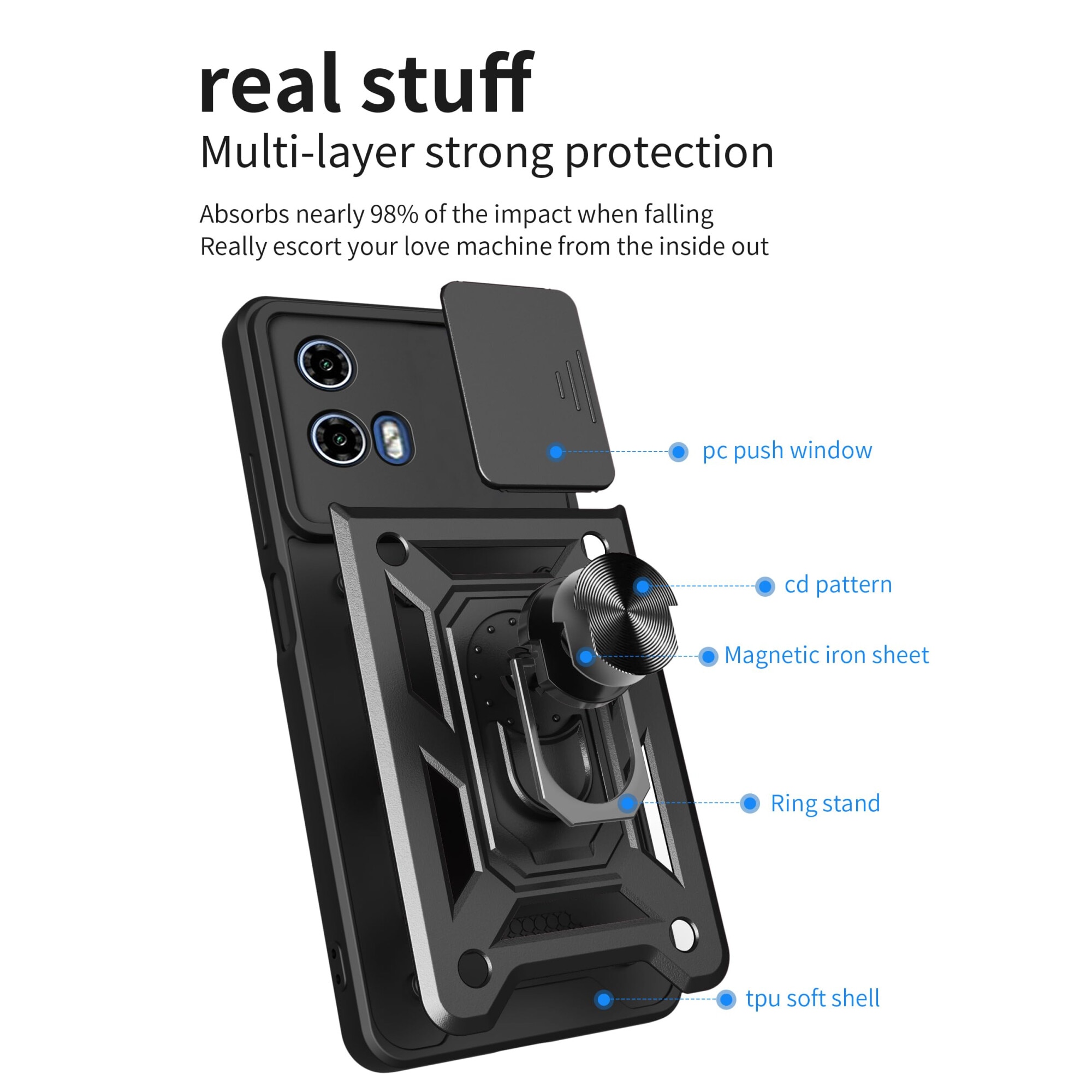 Husa telefon, Slide Camera Lens Cover, 360 Rotating Kickstand Ring, suport montare magnetica, neagra, pentru Motorola Moto G34 5G