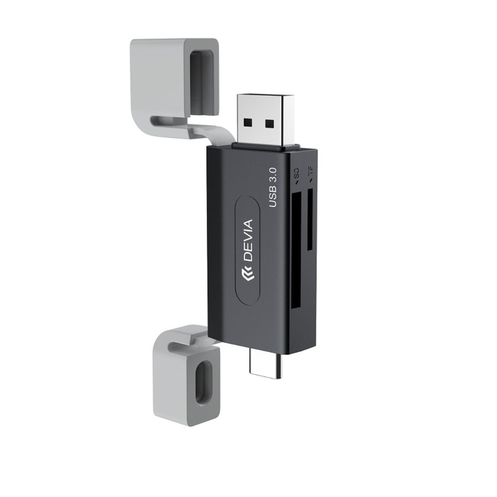 Cititor USB 3.0 de carduri de memorie microSD si SD cu conectare USB-C si USB, citeste date pana la 2TB, cu capace din silicon 1 x Cititor de card