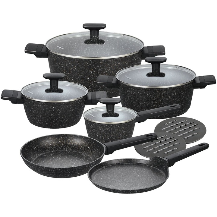 Комплект тигани и тенджери, Klausberg Kb-7830, мрамор, алуминиев материал, незалепващо, черно