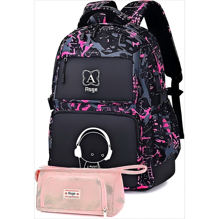 Asge gyerek hátizsák, vízálló, nylon, nagy kapacitású 46x30x22cm, rózsaszín