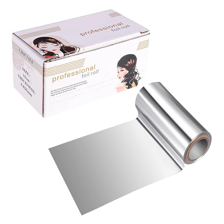 Алуминиево фолио, SINBINTA, Аксесоари за фризьорство и боядисване, Алуминиево фолио за фризьор 15 см, Приложимо за повечето техники за боядисване, може да се използва за ноктопластика и много други, Сребро