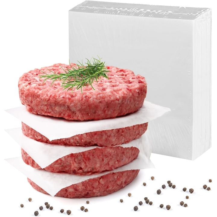 Set de 500 Patrate de hartie de copt pentru presa de burgeri, hartie pentru chiftele de 14 x 14 cm, hartie antiaderenta pentru presa de burgeri, formator de chiftele, separarea si congelarea burgerilor, potrivita pentru cuptorul cu microunde si congelator