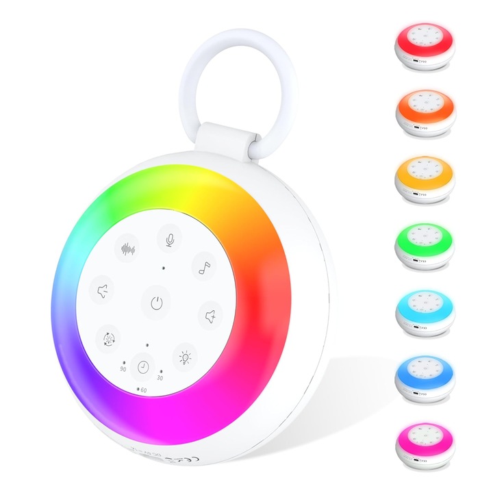 Звуково устройство, Bluetooth връзка, функция за запис, 24 звука, 7 регулируеми цвята, 6 режима нощна светлина, преносимо, за бебета, деца и възрастни, презареждаемо, таймер, бяло