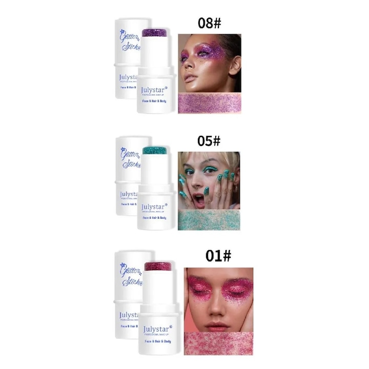 Сенки за очи, AONYIYI, комплект от 3 цвята, розово, зелено, лилаво, блестящ стик за лице и тяло